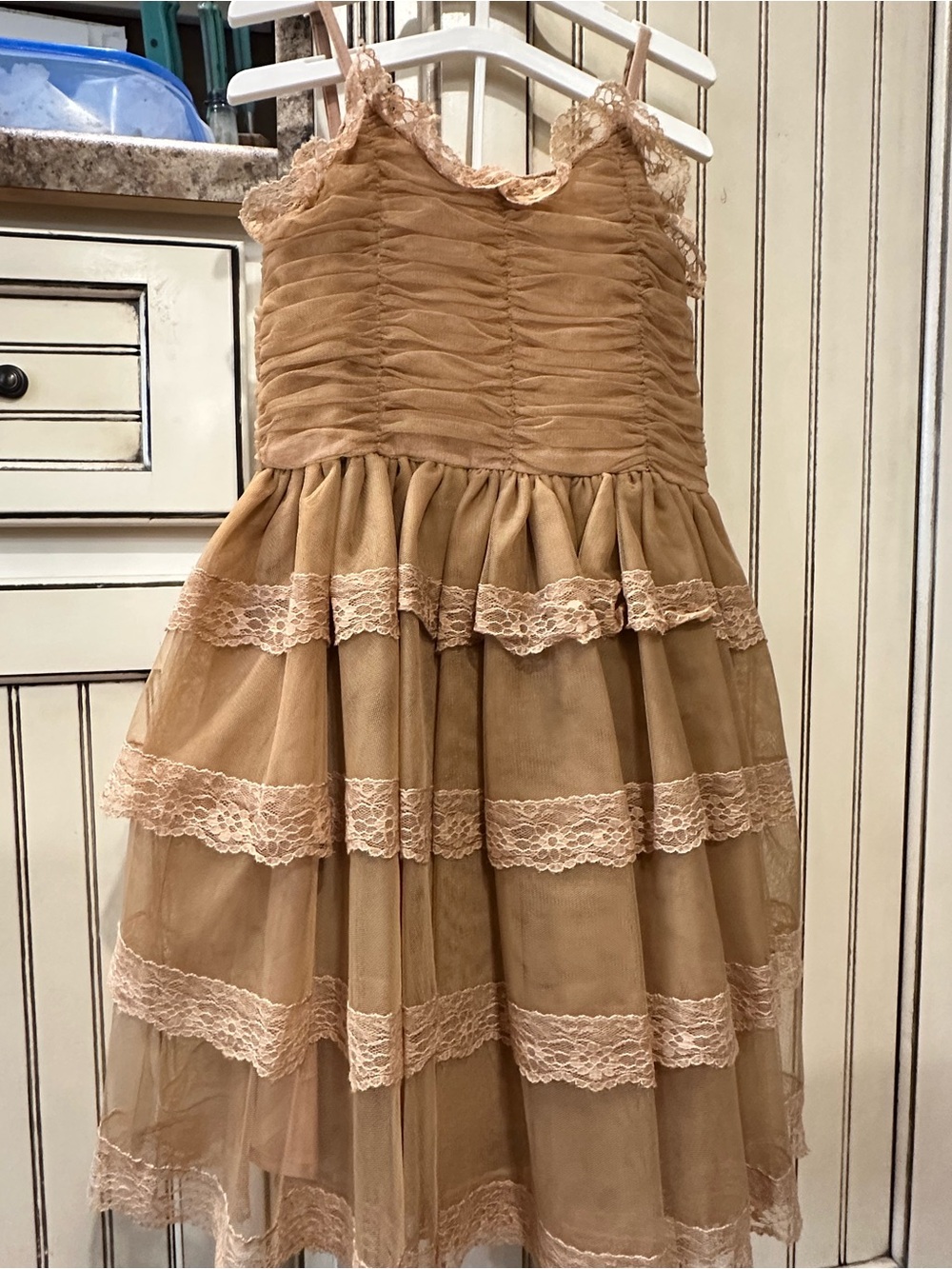 NORALEE Tiered Lace Tulle Dress in Warm Tan